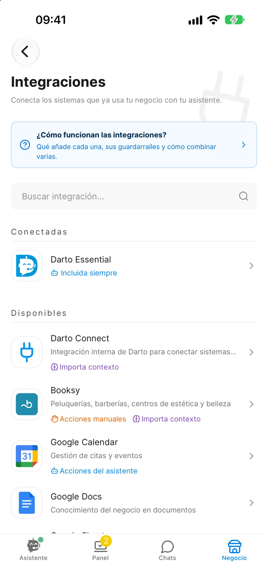 Darto's integrations screen: Darto Essential, Darto Connect, Booksy, Google Calendar