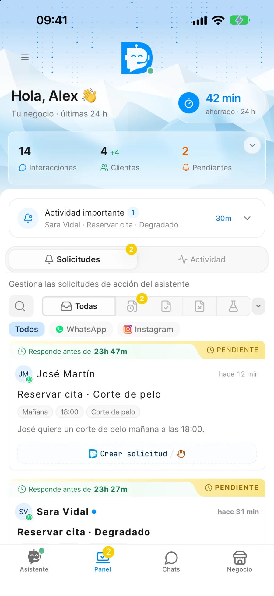 Darto mobile dashboard with the assistant requests